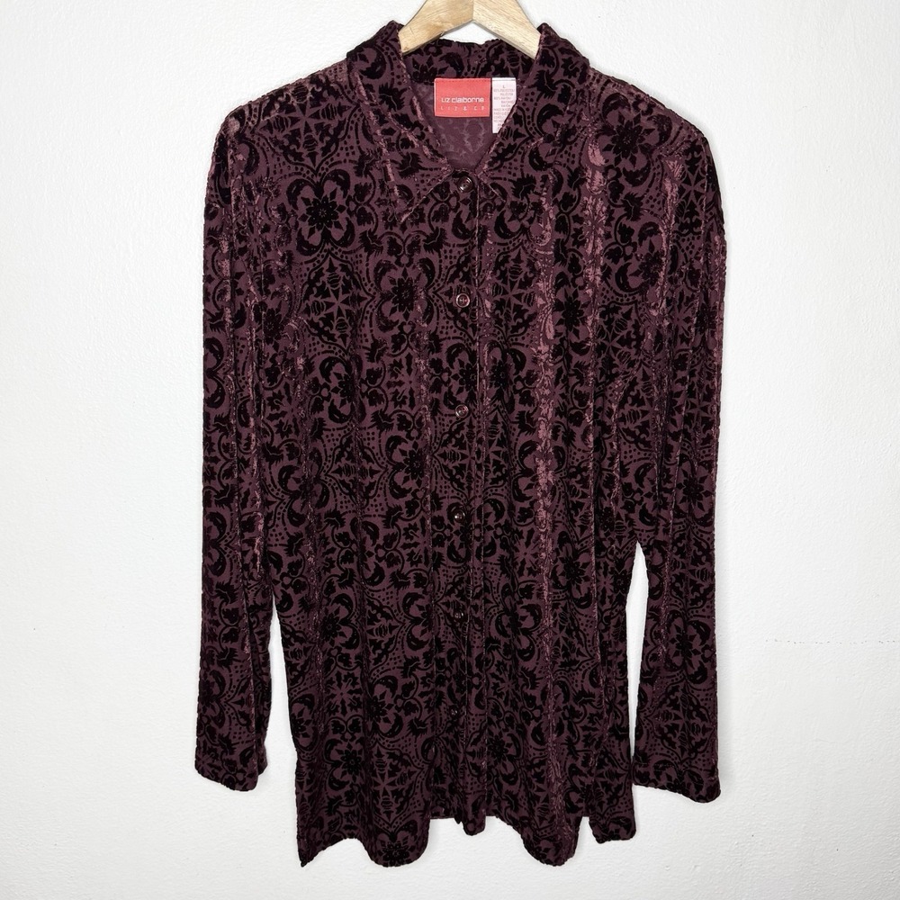 Liz Claiborne Burgundy Velvet Burnout Long Sleeve Button Up Shirt Womens Large